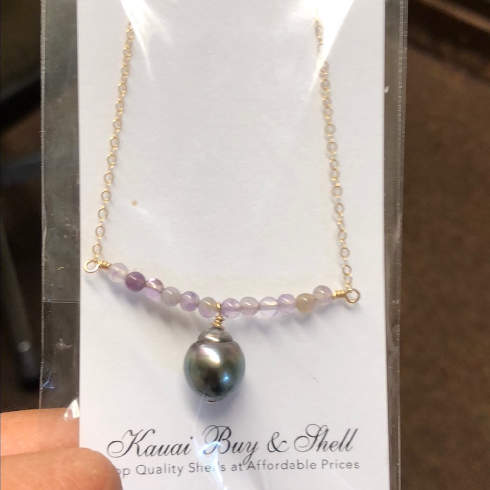 Amethyst with Tahitian Pearl on 14k GF wire- 17”
